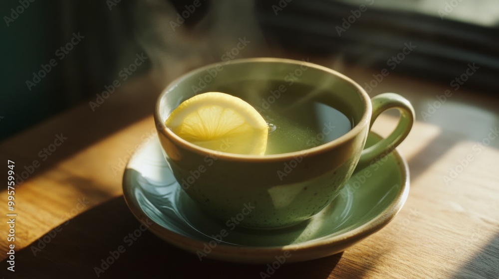 Obraz premium A steaming cup of lemon tea placed on a wooden table, with sunlight streaming in, creating a cozy and inviting atmosphere.