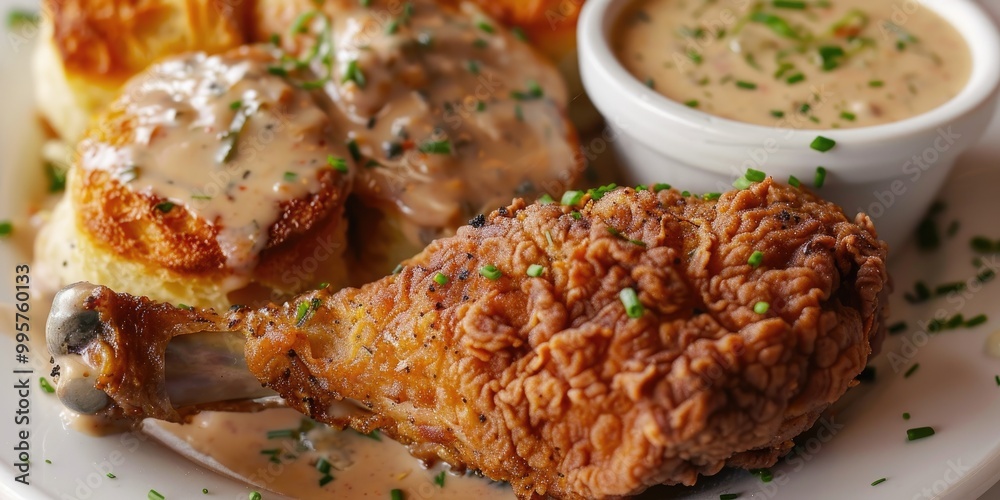 Crispy Fried Chicken Served with Biscuits and Gravy Crispy Fried Chicken Served with Biscuits and Gravy