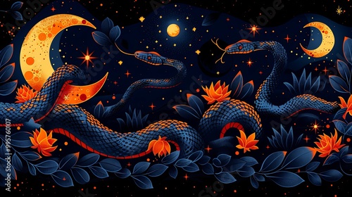 Vector magic seamless pattern with snakes, leaves, moon and stars. Mystical esoteric background for design of fabric, packaging, astrology, phone case, wrapping paper