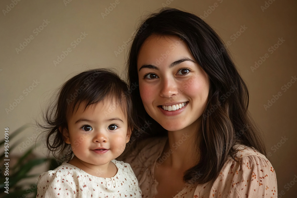 Mixed racial young mother and cute daughter smiling and interacting in front of a plain background, dressed in simple clothes, captured in a family photo portrait shoot showcasing their joyful bond Mixed racial young mother and cute daughter smiling and interacting in front of a plain background, dressed in simple clothes, captured in a family photo portrait shoot showcasing their joyful bond