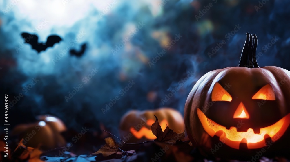 Fototapeta premium Jack-o'-lanterns with bats and mist in a spooky Halloween scene