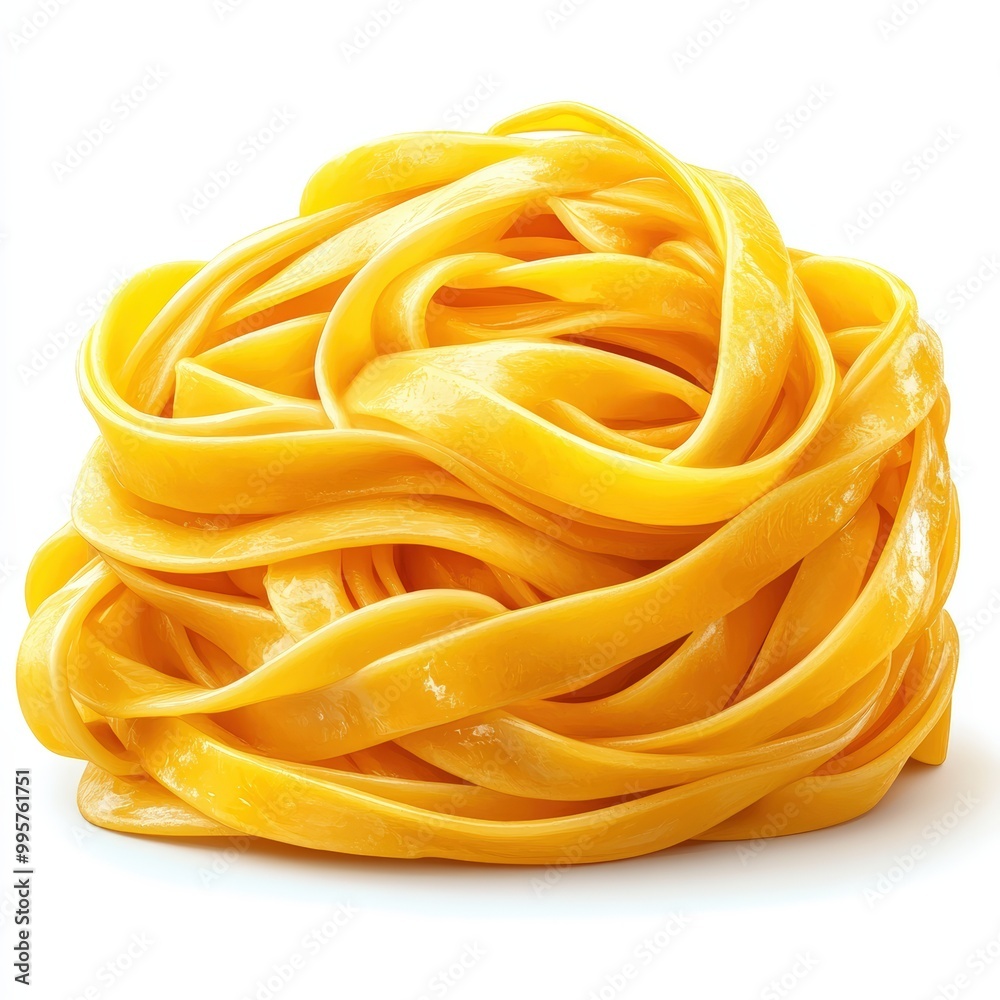 Fresh yellow fettuccine pasta, white isolate background.