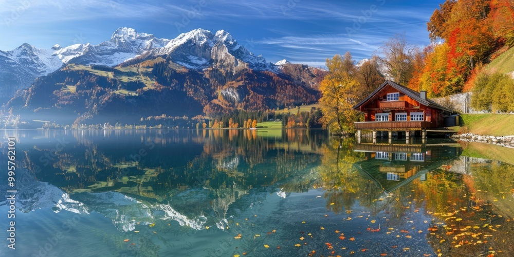Fototapeta premium Crystal Clear Lake with Swiss Alps in the Background and Autumn Reflections