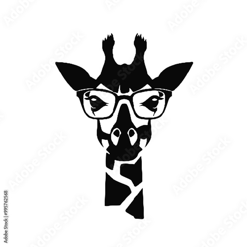 Giraffe Wearing Glasses Vector Black Silhouette Design for T-Shirt