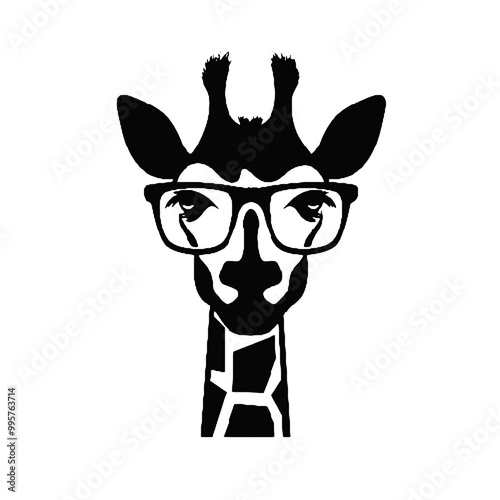 Giraffe Wearing Glasses Vector Black Silhouette Design for T-Shirt