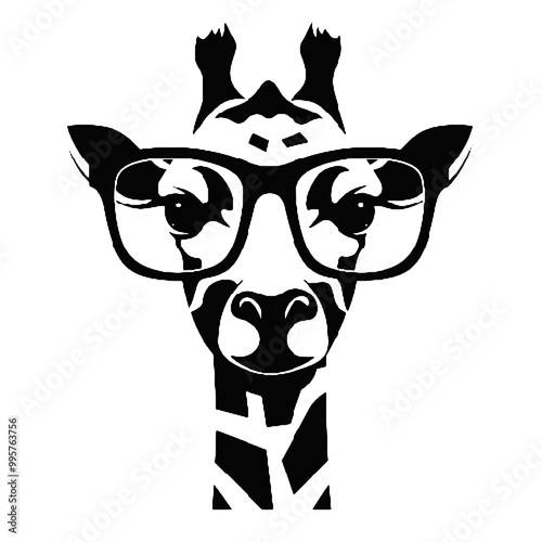 Giraffe Wearing Glasses Vector Black Silhouette Design for T-Shirt