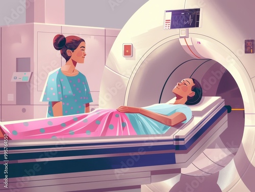 Stylized illustration of oncology patient during MRI scan with nurse assistance photo