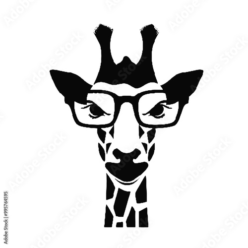 giraffe, wears black framed eyeglasses engraving black and white outline