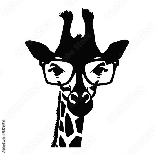 giraffe, wears black framed eyeglasses engraving black and white outline