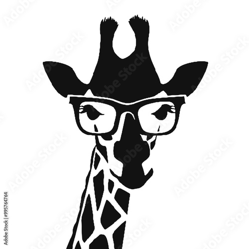 giraffe, wears black framed eyeglasses engraving black and white outline