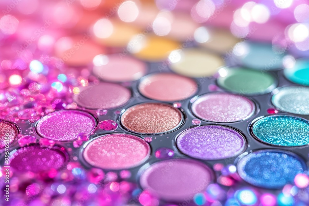 Glittering pastel and metallic eyeshadow palette with soft pink lavender and silver hues under a dreamy sparkling background evoking ethereal beauty and delicate cosmetic artistry Glittering pastel and metallic eyeshadow palette with soft pink lavender and silver hues under a dreamy sparkling background evoking ethereal beauty and delicate cosmetic artistry