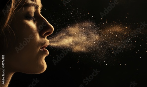 Woman blowing gold glitter into dark air.