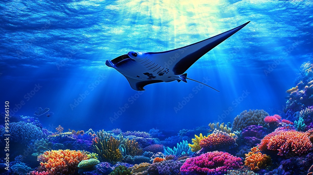 Obraz premium A majestic manta ray glides gracefully over a vibrant coral reef, bathed in sunlight.