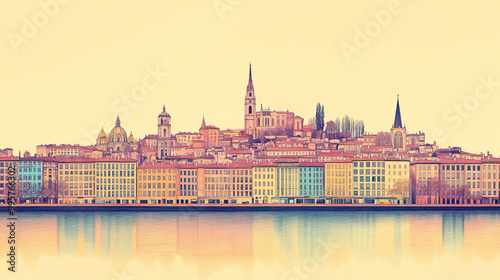 Lyon, France, color pen pencil hand-drawn effect drawing illustration for travel poster, card, wallpaper, backdrop or banner. Modern, clear, artistic and simple