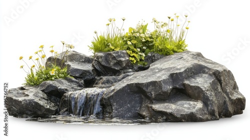 water is flowing on little grass growing on rocks stone and rocky cliff part with on white background