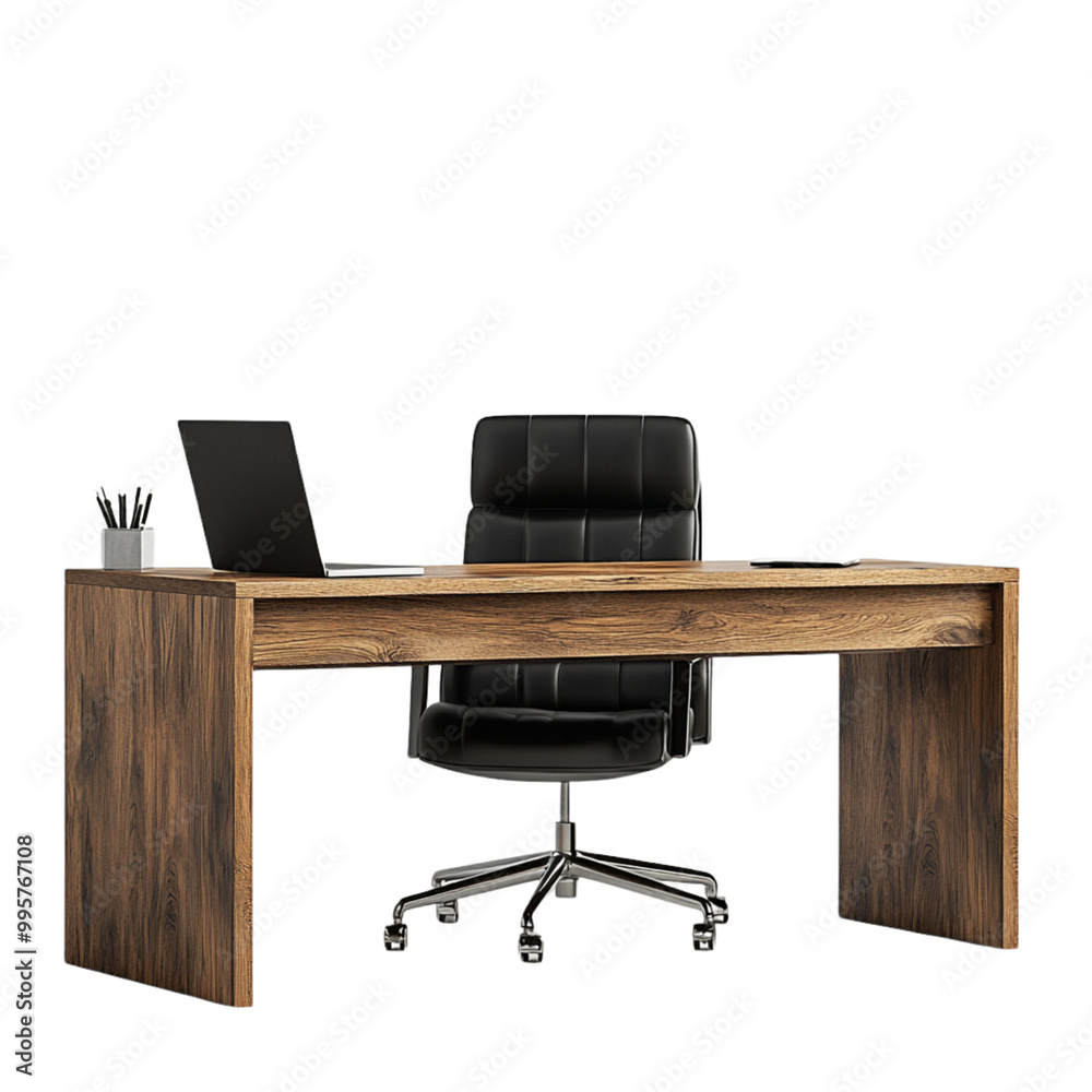 Modern wooden office desk with a black leather chair and a laptop on a white background Modern wooden office desk with a black leather chair and a laptop on a white background