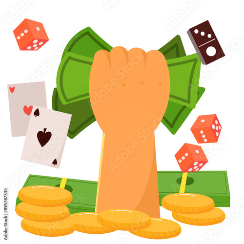 vector art depicting gambling winning, illustration of hands gripping money and gambling coins