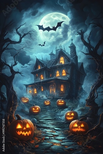 A spooky Halloween night scene with a haunted house and eerie Jack-o'-lanterns lining the path, as a glowing full moon shines through the clouds and bats fly across the dark sky. photo