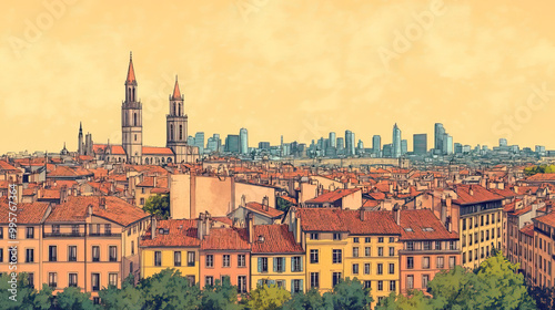 Lyon, France, color pen pencil hand-drawn effect drawing illustration for travel poster, card, wallpaper, backdrop or banner. Modern, clear, artistic and simple