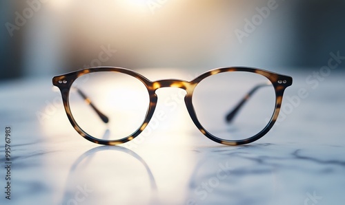 Tortoise shell eyeglasses on a white surface.