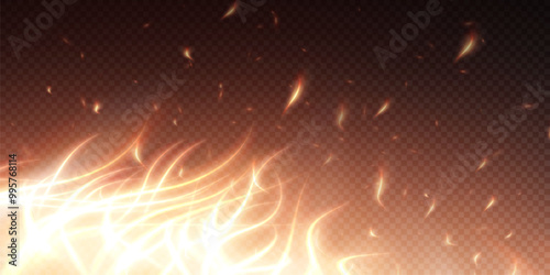 Burning hot sparks effect with embers burning ash and smoke flying in the air. Burning glowing particles. Flame of fire with sparks isolated on a black transparent background. Flame png.