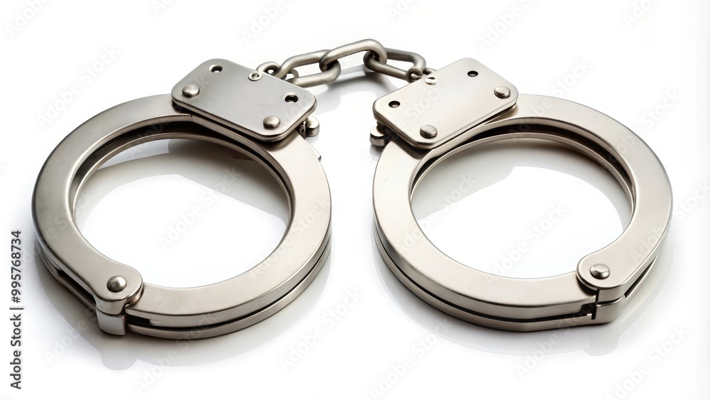 Shiny metal handcuffs reflecting on a white background Shiny metal handcuffs reflecting on a white background