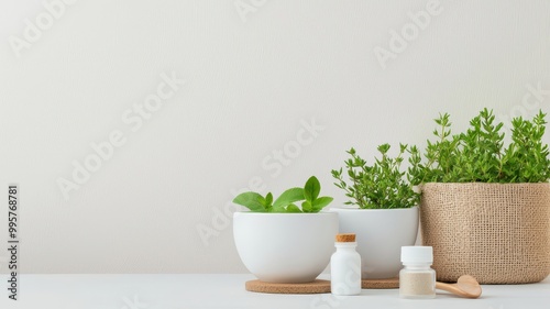 Wallpaper Mural Fresh herbs in white bowls and a woven basket, accompanied by natural elements, create a serene and inviting kitchen atmosphere. Torontodigital.ca