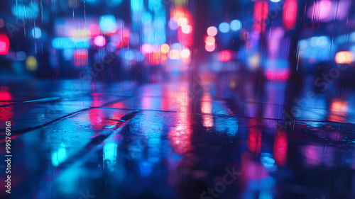 Rainy city street at night with reflections of neon lights on the wet pavement, vibrant and moody urban scene