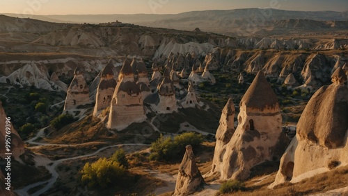 Beautiful aerial perspective of cappadocia with numerous hot air balloons creating a stunning display over the rugged landscape