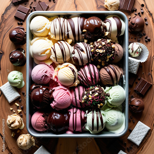 Set of ice cream scoops of different colors and flavors with berries, nuts, and fruits decorated on a white background