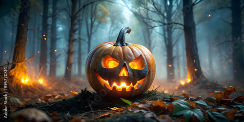 Jack-O-Lantern in the Haunted Forest: A chillingly beautiful Jack-o-Lantern glows ominously in a mystical forest, surrounded by flickering fireflies and an eerie mist. photo