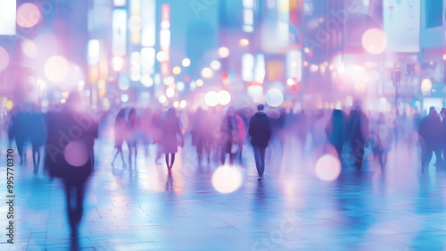 Blurred crowd walking down a neon-lit Tokyo street at night, abstract cityscape with glowing lights and bokeh