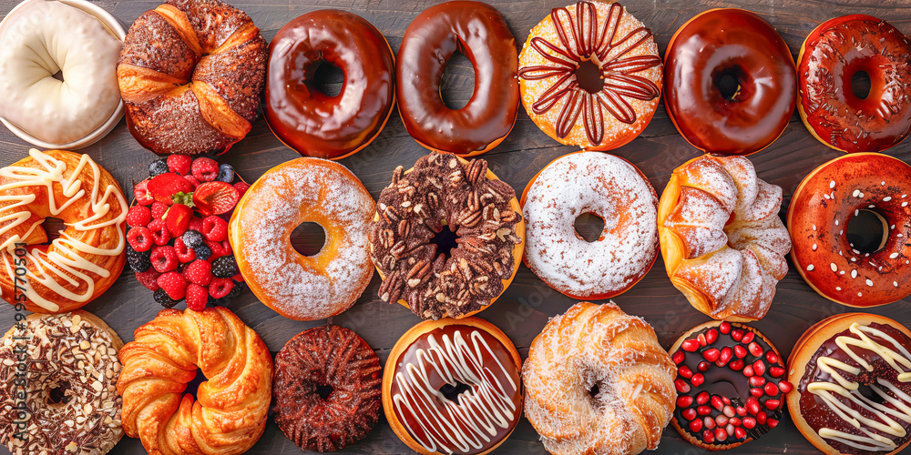 Delicious donuts lying on wooden table top view celebrating national pastry day Delicious donuts lying on wooden table top view celebrating national pastry day