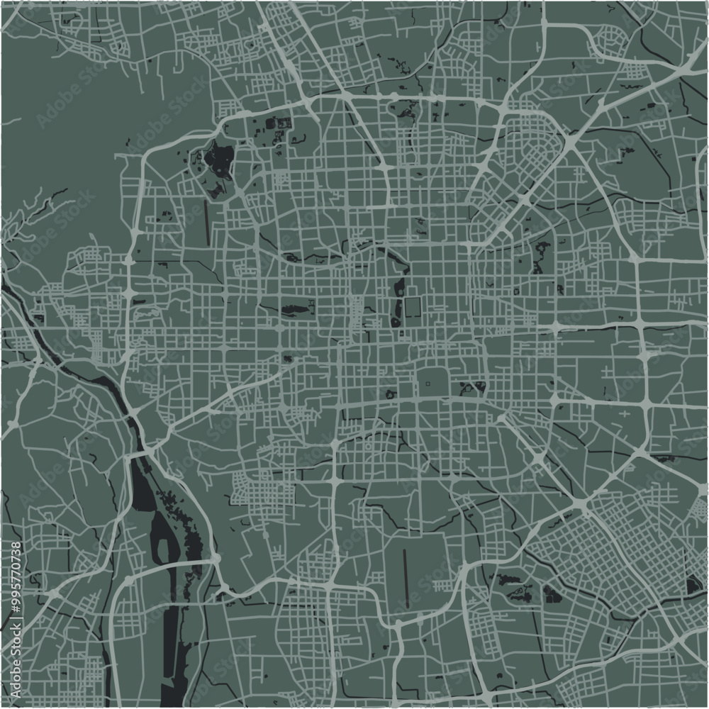 Fototapeta premium Map of Beijing in China in a smooth dark style. Contains layered vector with roads water, parks, etc.