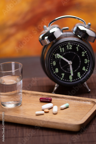 Medication pills on wooden tray with alarm clock and water photo