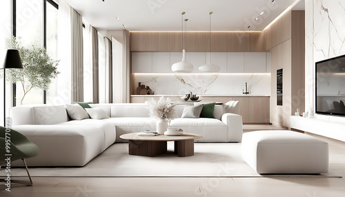 Stylish modern living room design with white elegance and natural elements. photo