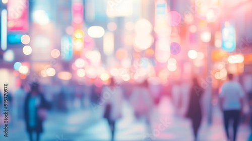 Colorful bokeh and soft focus capturing people on a busy Tokyo street with neon signs and urban vibe