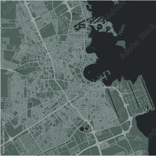 Map of Doha in Qatar in a smooth dark style. Contains layered vector with roads water, parks, etc.