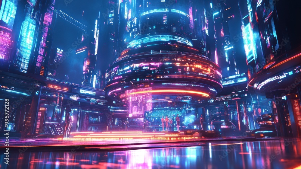 Futuristic Cityscape with Neon Lights and Silhouettes of Figures Futuristic Cityscape with Neon Lights and Silhouettes of Figures