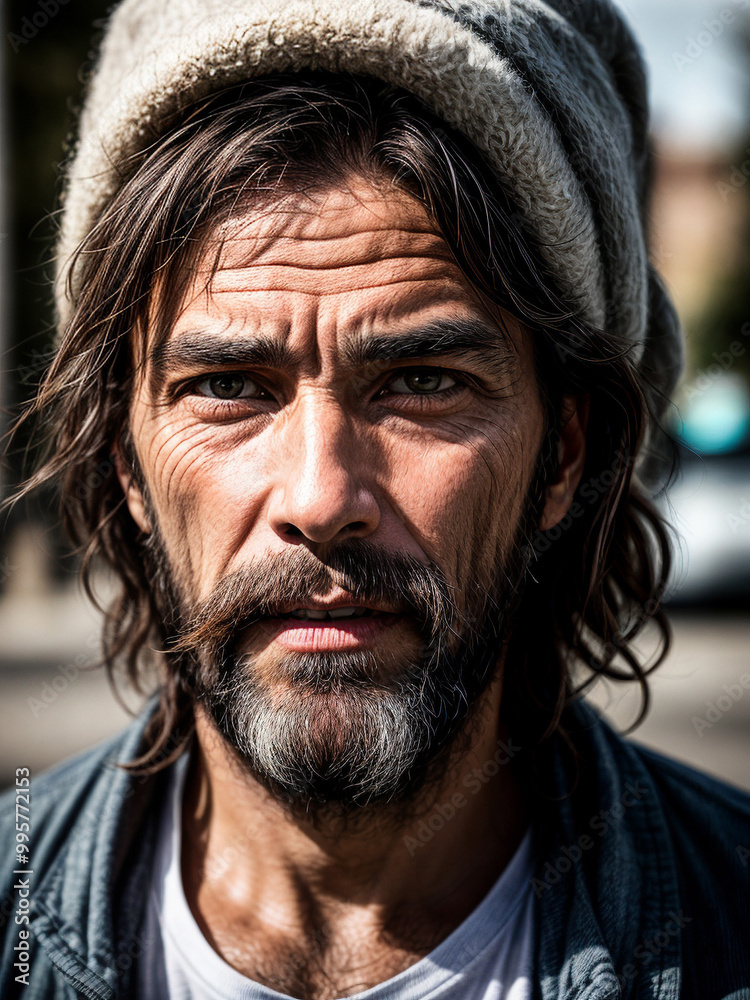 Fototapeta premium Poignant facial portrait of urban homeless individual, highlighting societal issues and human resilience.
