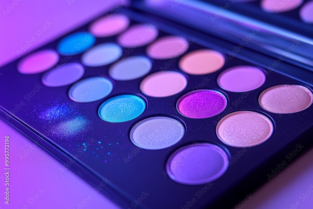 Professional makeup palette with a variety of pink and purple toned eyeshadows under dramatic purple lighting ideal for vibrant and creative makeup looks in high energy settings Professional makeup palette with a variety of pink and purple toned eyeshadows under dramatic purple lighting ideal for vibrant and creative makeup looks in high energy settings