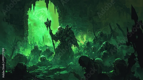 A Dark Figure Addresses a Crowd of Silhouetted Figures in a Glowing Green Chamber