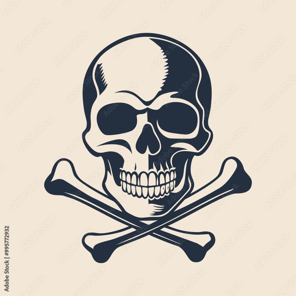 Hand drawn skull and crossbones monochrome vector illustration