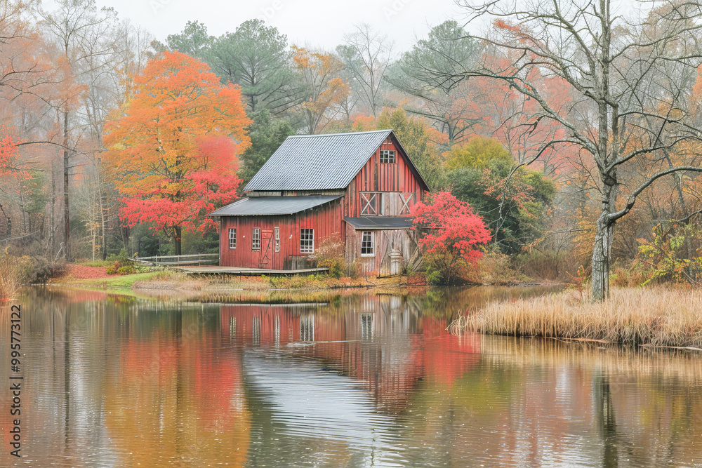 Fototapeta premium Red barn reflecting in pond during peak autumn season