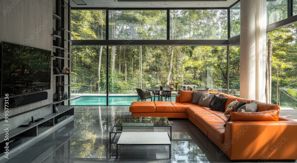 Modern home interior with large glass windows, showcasing an orange leather sofa and coffee table in front of the window. Modern home interior with large glass windows, showcasing an orange leather sofa and coffee table in front of the window.