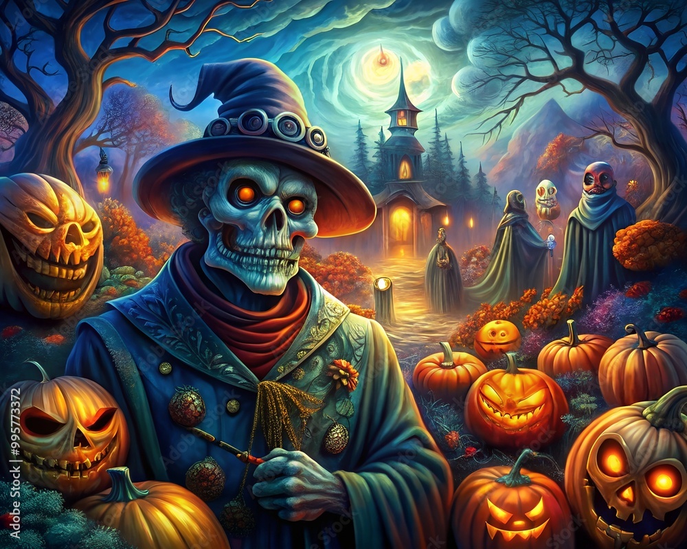 A living dead man in ancient clothes walks along the road to a terrible abandoned castle, surrounded by creepy laughing pumpkins. Scary fairy tale, legend, horror story, nightmare A living dead man in ancient clothes walks along the road to a terrible abandoned castle, surrounded by creepy laughing pumpkins. Scary fairy tale, legend, horror story, nightmare