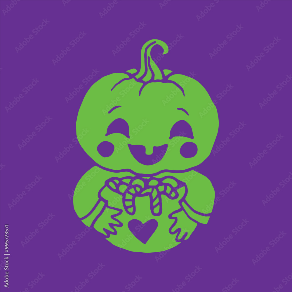 Baby Jack-O-Lantern Pumpkin Head with candy illustration for Halloween green on purple background Baby Jack-O-Lantern Pumpkin Head with candy illustration for Halloween green on purple background