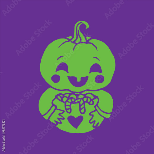 Baby Jack-O-Lantern Pumpkin Head with candy illustration for Halloween green on purple background