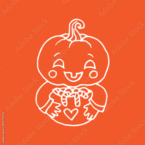 Baby Jack-O-Lantern Pumpkin Head with candy illustration for Halloween on orange