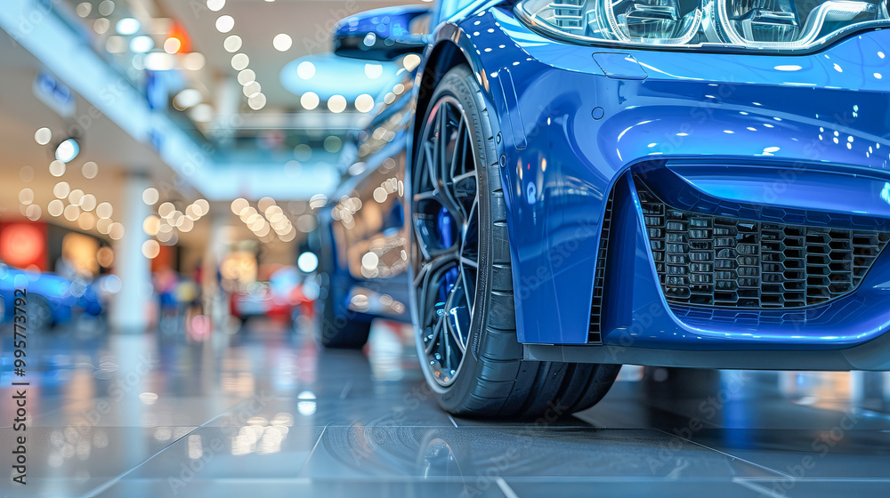 New blue sports car being displayed in a showroom New blue sports car being displayed in a showroom
